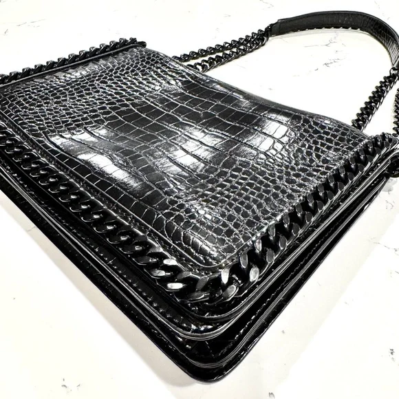 Aldo Black Crocodile Embossed Black Metal Chain Crossbody Bag and Handbag NWOT - Picture 8 of 11